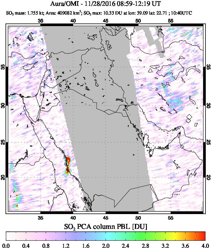A sulfur dioxide image over Mideast on Nov 28, 2016.