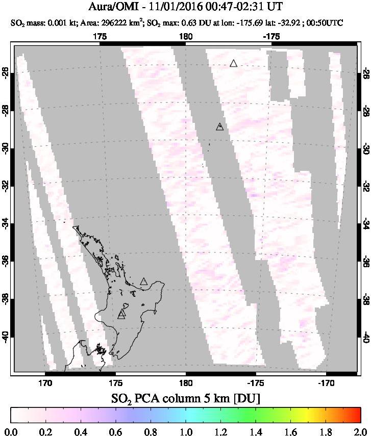 A sulfur dioxide image over New Zealand on Nov 01, 2016.