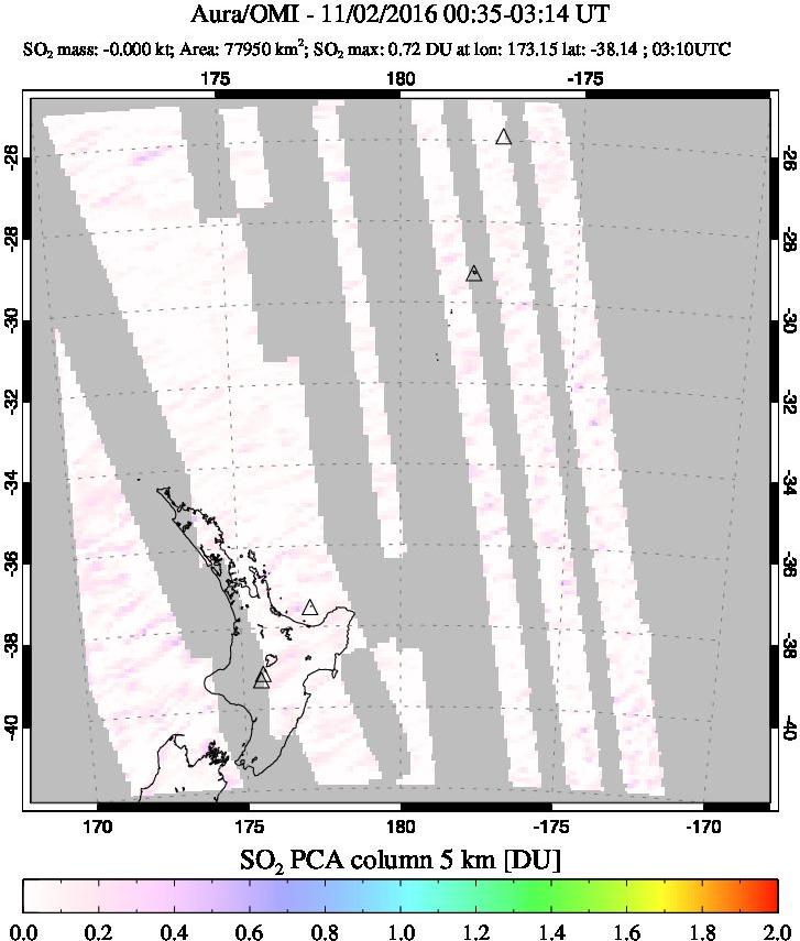 A sulfur dioxide image over New Zealand on Nov 02, 2016.
