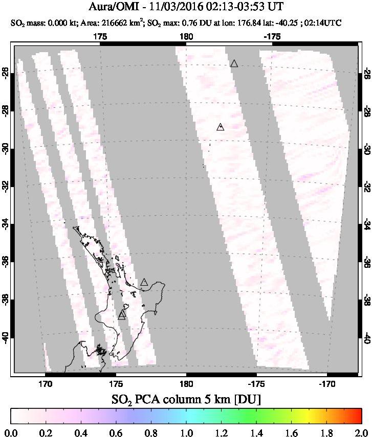 A sulfur dioxide image over New Zealand on Nov 03, 2016.