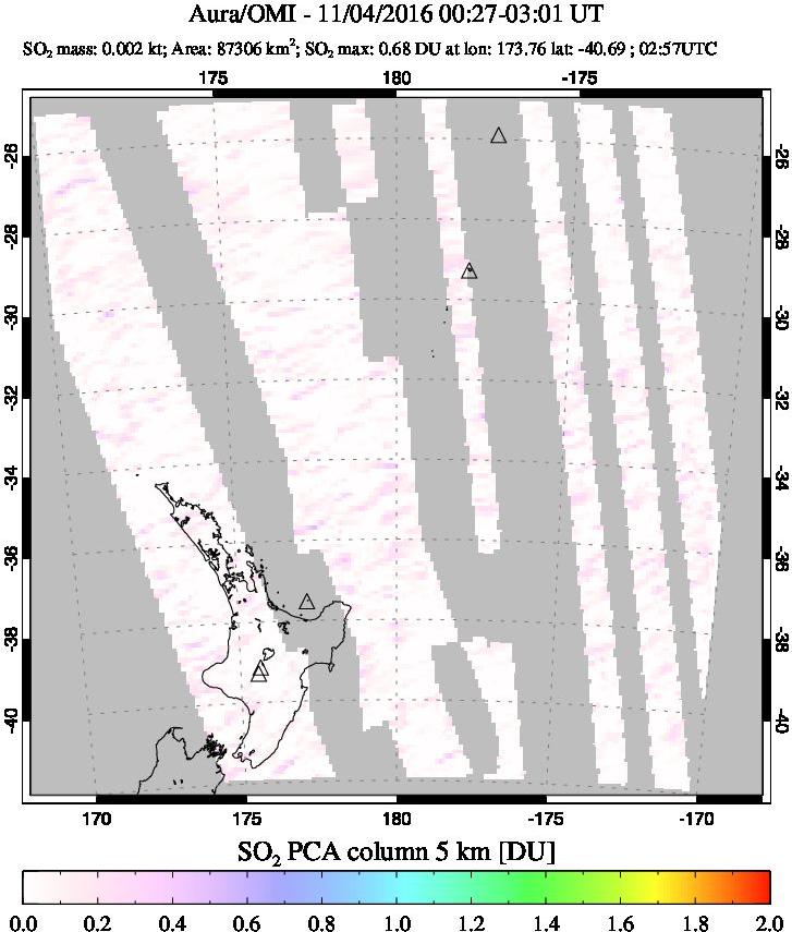 A sulfur dioxide image over New Zealand on Nov 04, 2016.