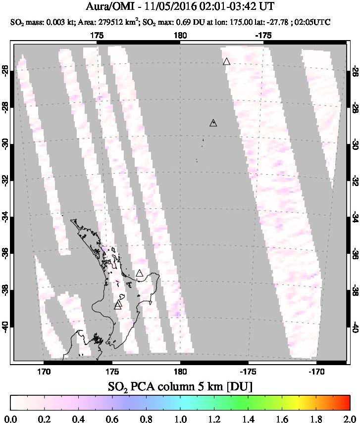 A sulfur dioxide image over New Zealand on Nov 05, 2016.