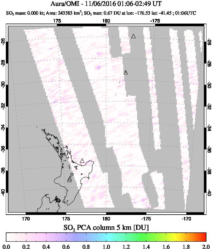A sulfur dioxide image over New Zealand on Nov 06, 2016.