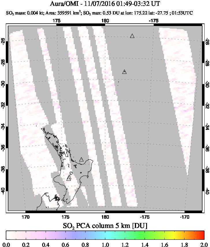 A sulfur dioxide image over New Zealand on Nov 07, 2016.