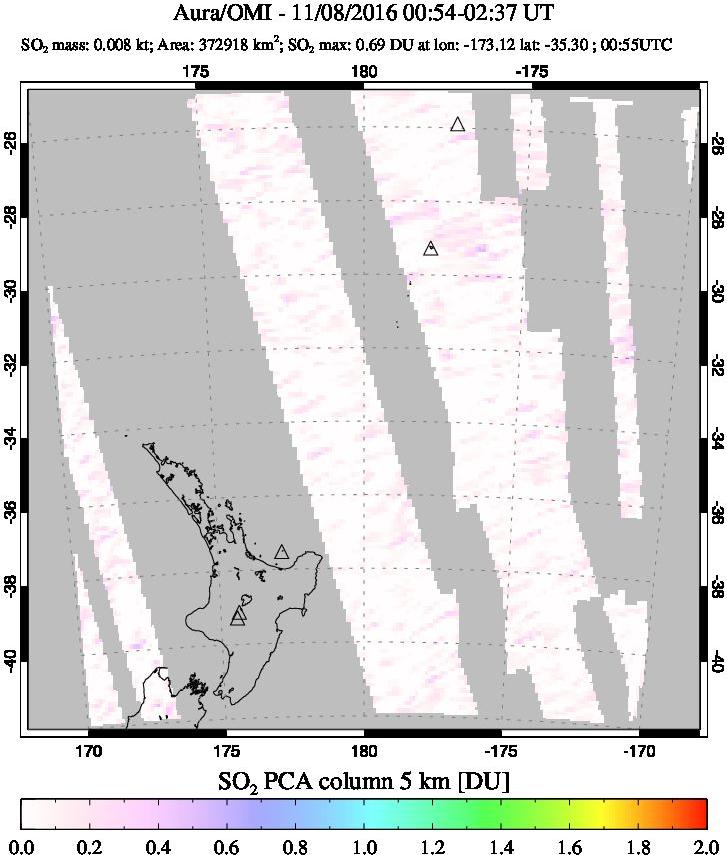 A sulfur dioxide image over New Zealand on Nov 08, 2016.