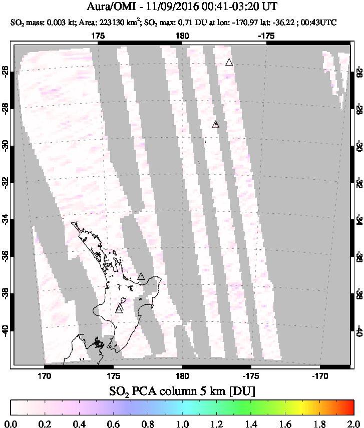 A sulfur dioxide image over New Zealand on Nov 09, 2016.