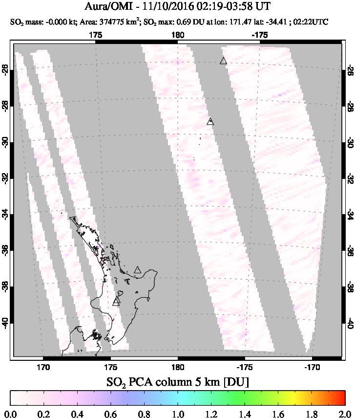 A sulfur dioxide image over New Zealand on Nov 10, 2016.