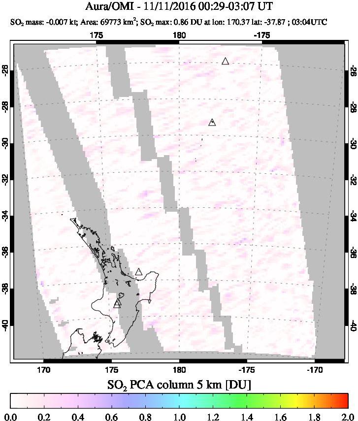 A sulfur dioxide image over New Zealand on Nov 11, 2016.