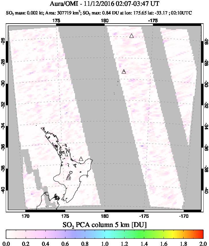 A sulfur dioxide image over New Zealand on Nov 12, 2016.
