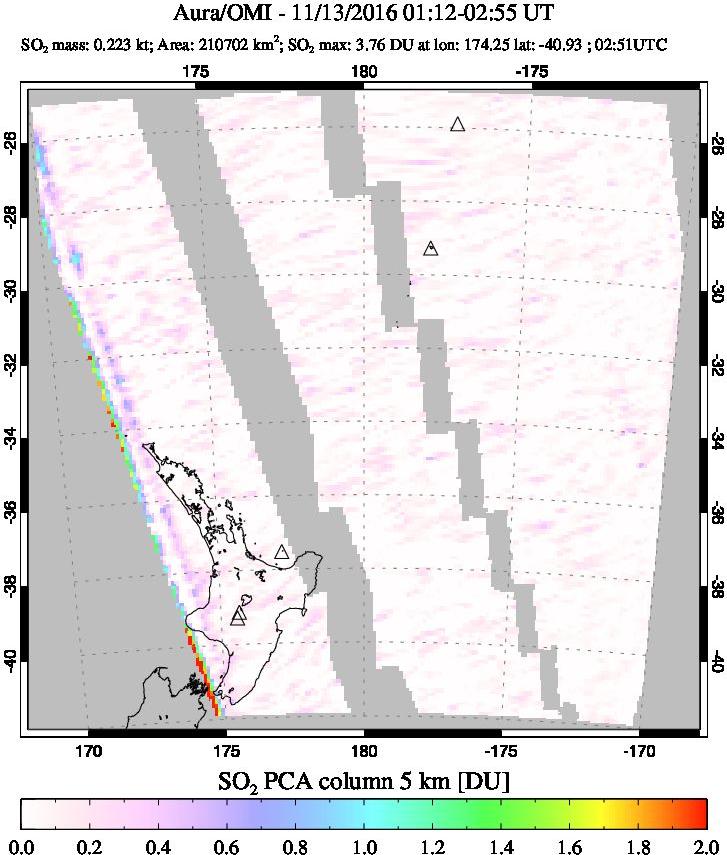 A sulfur dioxide image over New Zealand on Nov 13, 2016.