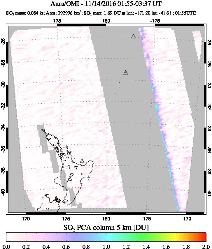A sulfur dioxide image over New Zealand on Nov 14, 2016.