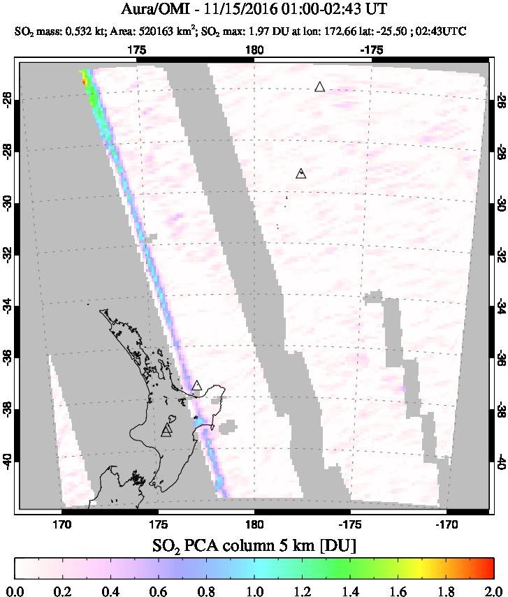 A sulfur dioxide image over New Zealand on Nov 15, 2016.