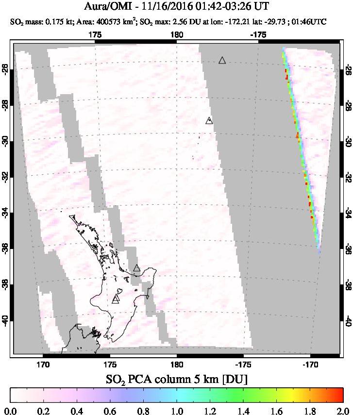A sulfur dioxide image over New Zealand on Nov 16, 2016.