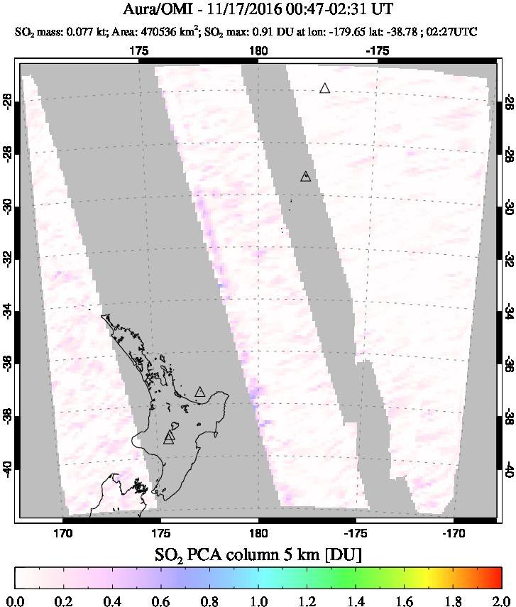 A sulfur dioxide image over New Zealand on Nov 17, 2016.
