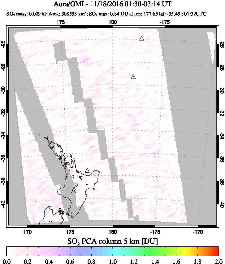 A sulfur dioxide image over New Zealand on Nov 18, 2016.