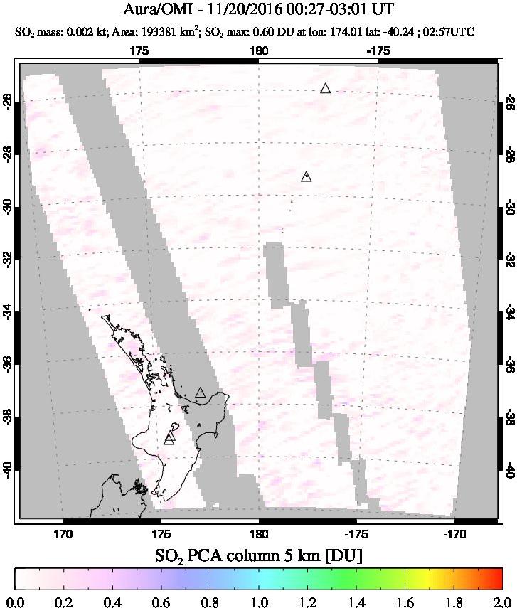 A sulfur dioxide image over New Zealand on Nov 20, 2016.