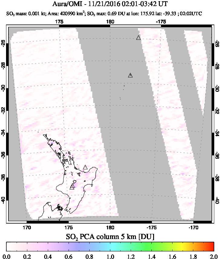 A sulfur dioxide image over New Zealand on Nov 21, 2016.