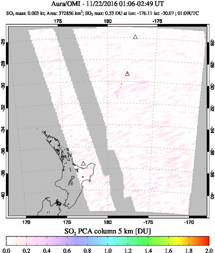 A sulfur dioxide image over New Zealand on Nov 22, 2016.