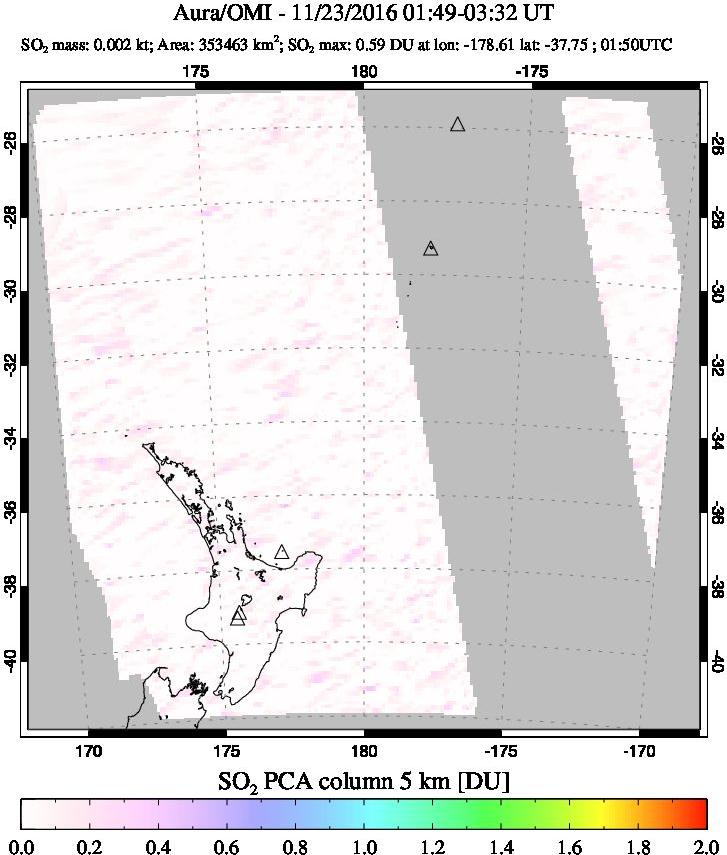 A sulfur dioxide image over New Zealand on Nov 23, 2016.