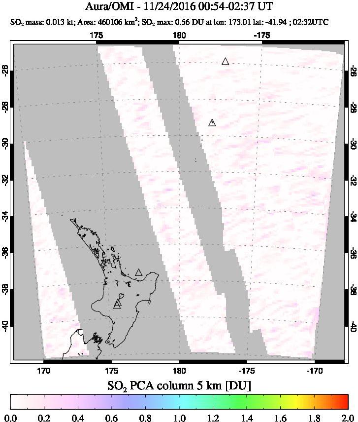 A sulfur dioxide image over New Zealand on Nov 24, 2016.