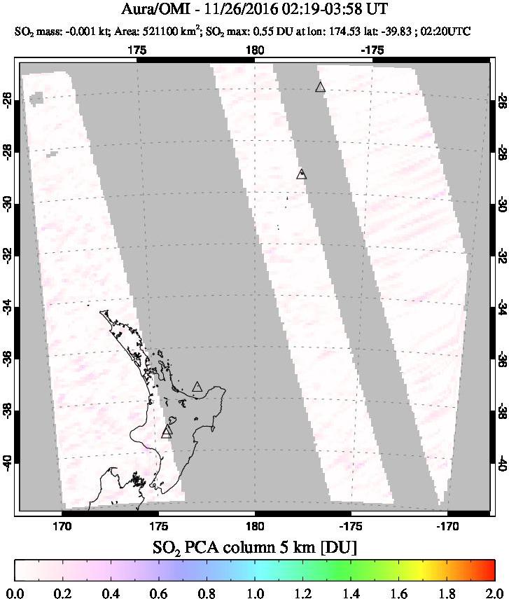 A sulfur dioxide image over New Zealand on Nov 26, 2016.