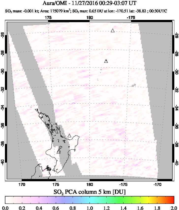 A sulfur dioxide image over New Zealand on Nov 27, 2016.