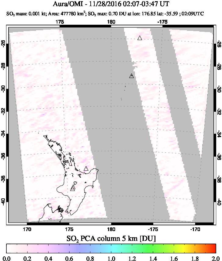 A sulfur dioxide image over New Zealand on Nov 28, 2016.