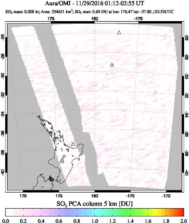 A sulfur dioxide image over New Zealand on Nov 29, 2016.