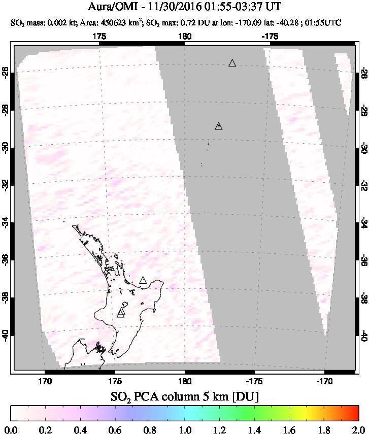 A sulfur dioxide image over New Zealand on Nov 30, 2016.