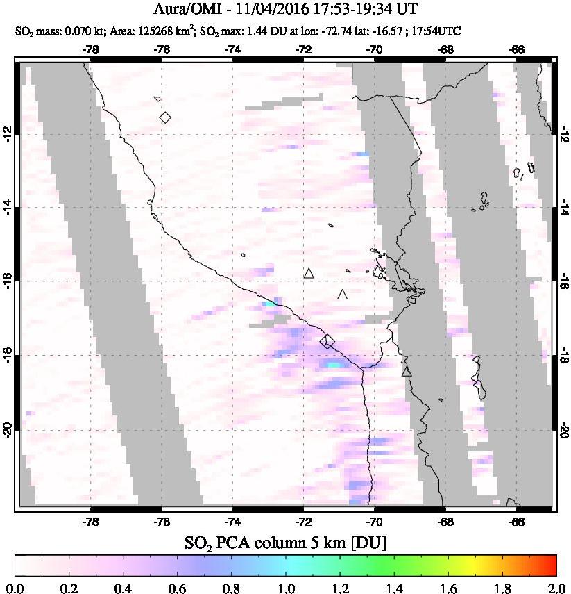 A sulfur dioxide image over Peru on Nov 04, 2016.