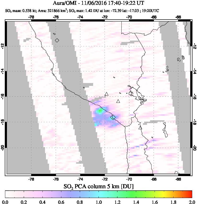 A sulfur dioxide image over Peru on Nov 06, 2016.
