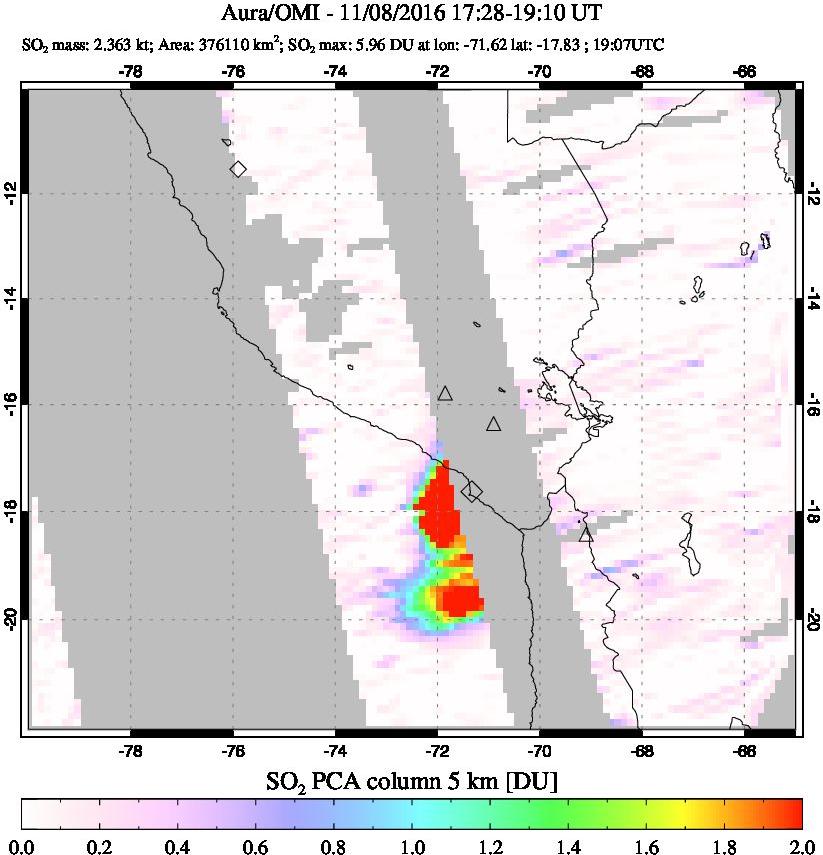 A sulfur dioxide image over Peru on Nov 08, 2016.