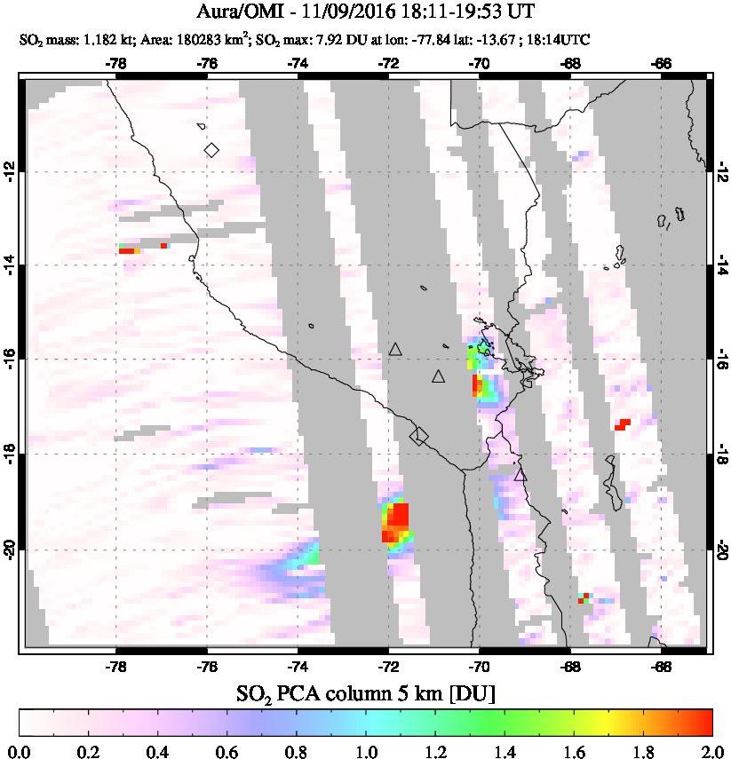 A sulfur dioxide image over Peru on Nov 09, 2016.