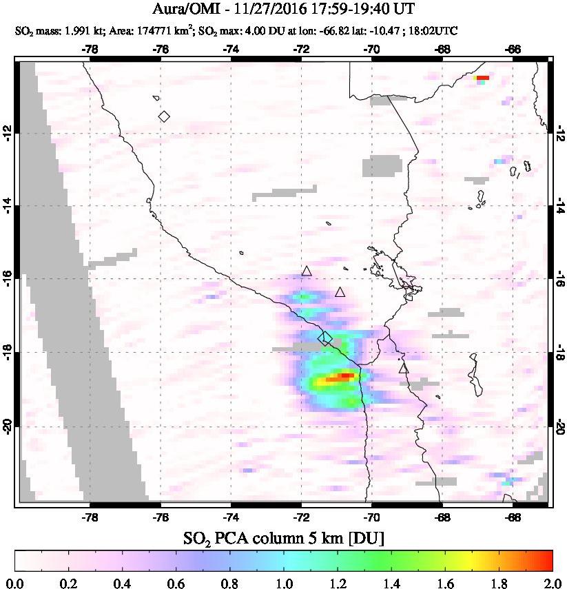 A sulfur dioxide image over Peru on Nov 27, 2016.