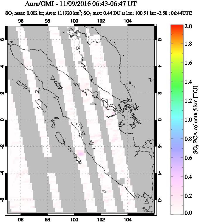 A sulfur dioxide image over Sumatra, Indonesia on Nov 09, 2016.