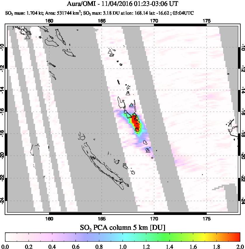 A sulfur dioxide image over Vanuatu, South Pacific on Nov 04, 2016.