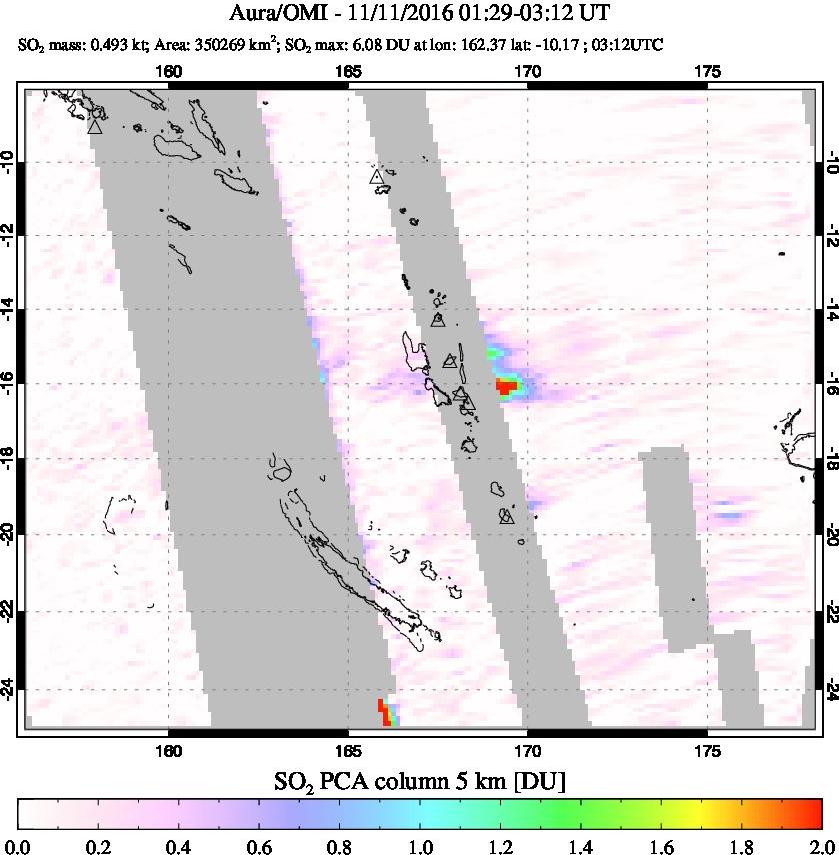 A sulfur dioxide image over Vanuatu, South Pacific on Nov 11, 2016.