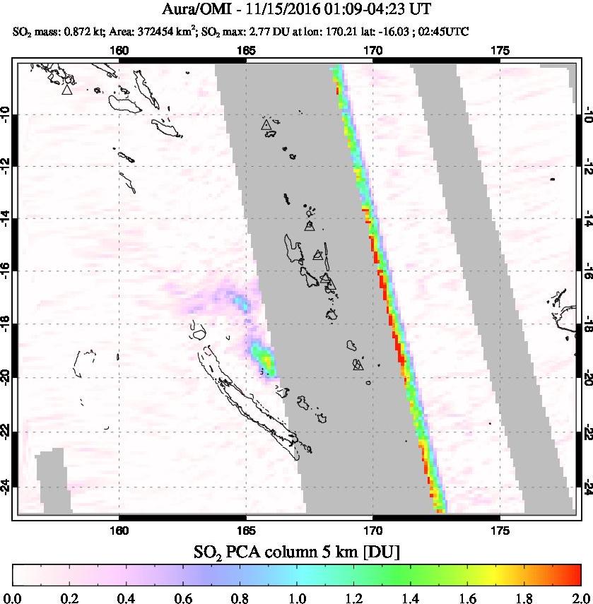A sulfur dioxide image over Vanuatu, South Pacific on Nov 15, 2016.
