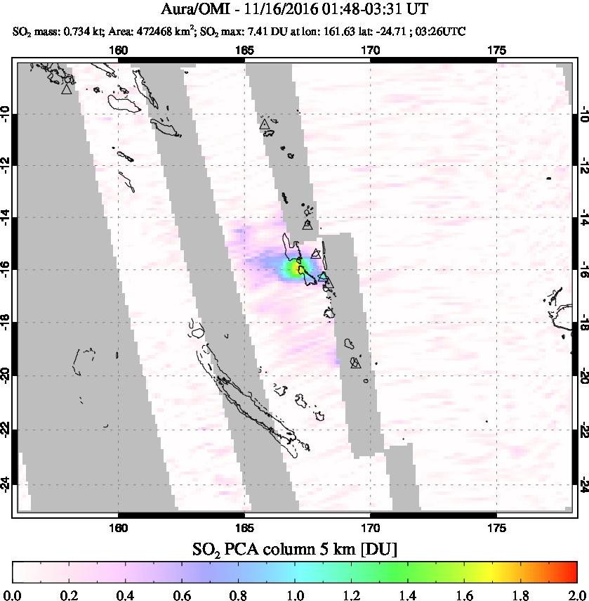 A sulfur dioxide image over Vanuatu, South Pacific on Nov 16, 2016.