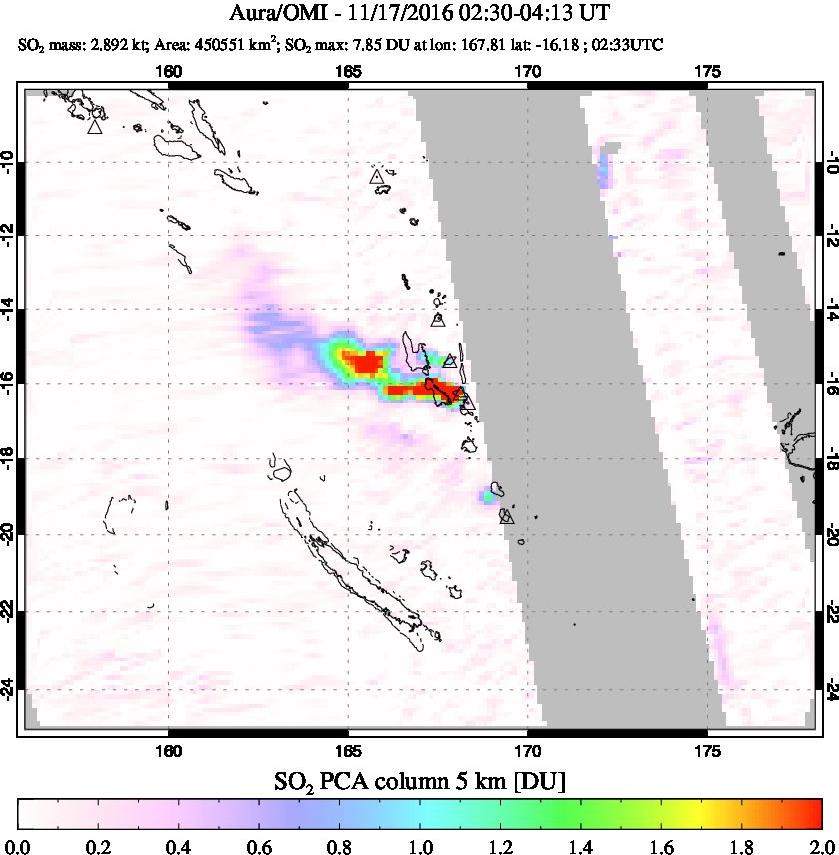 A sulfur dioxide image over Vanuatu, South Pacific on Nov 17, 2016.