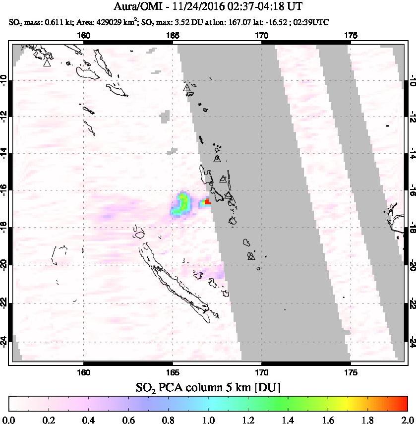 A sulfur dioxide image over Vanuatu, South Pacific on Nov 24, 2016.