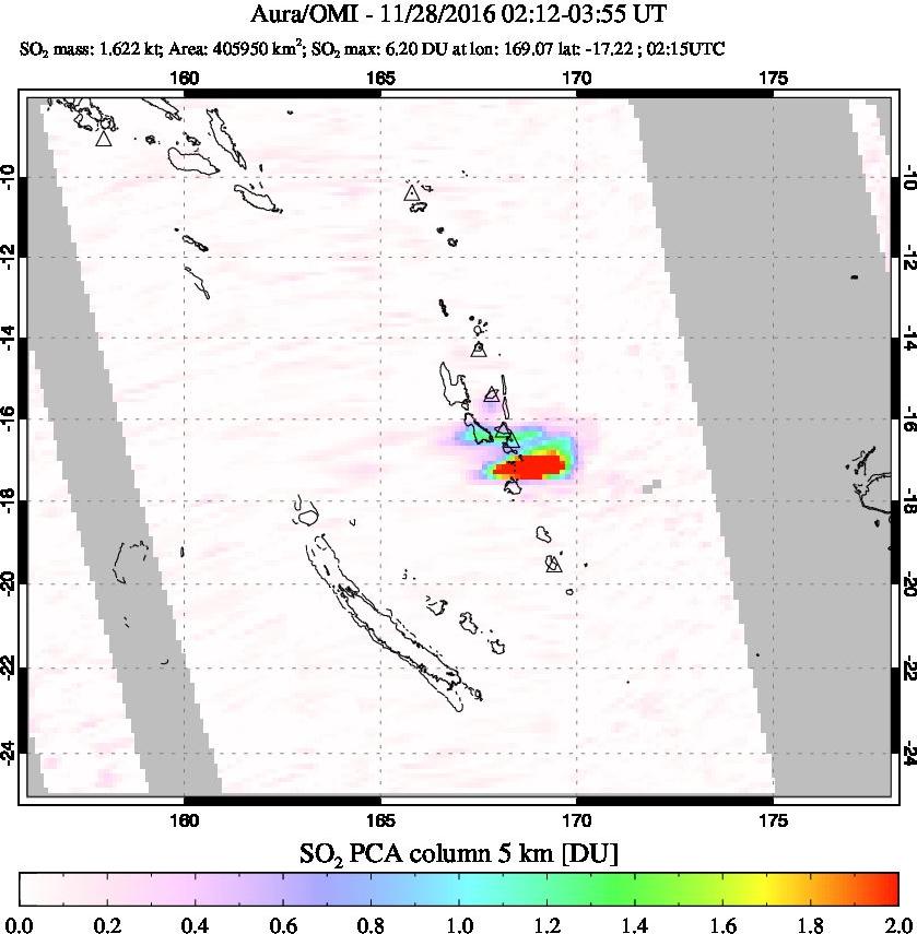 A sulfur dioxide image over Vanuatu, South Pacific on Nov 28, 2016.
