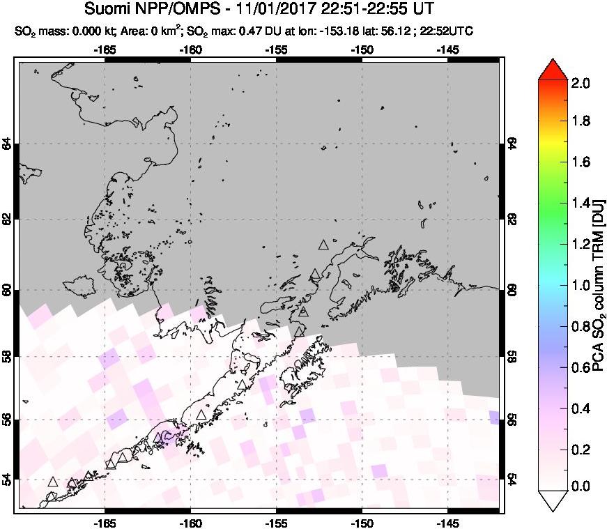 A sulfur dioxide image over Alaska, USA on Nov 01, 2017.