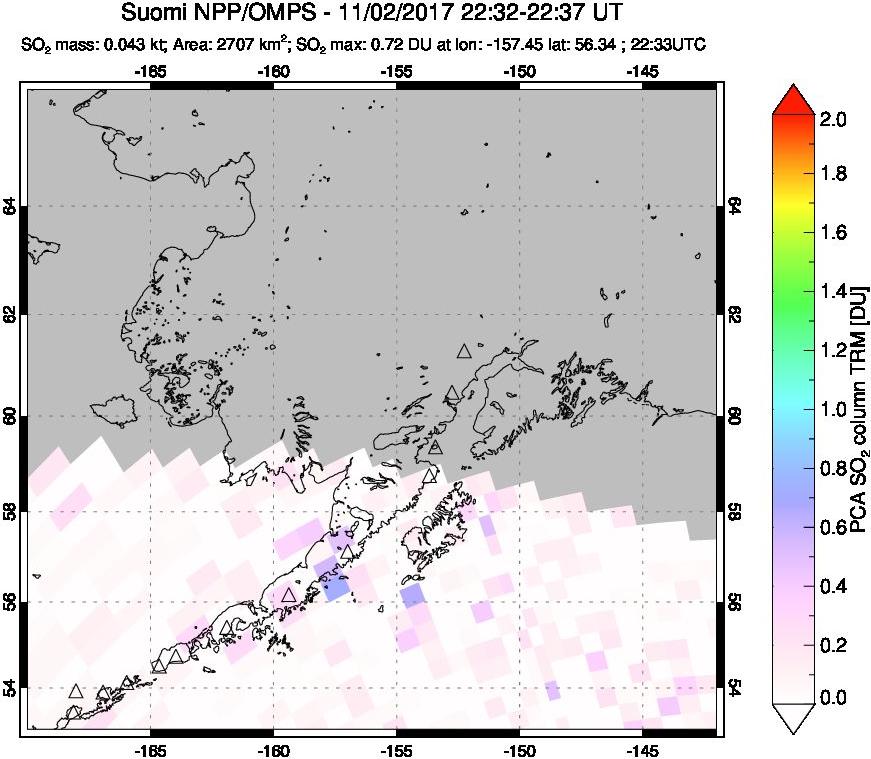 A sulfur dioxide image over Alaska, USA on Nov 02, 2017.