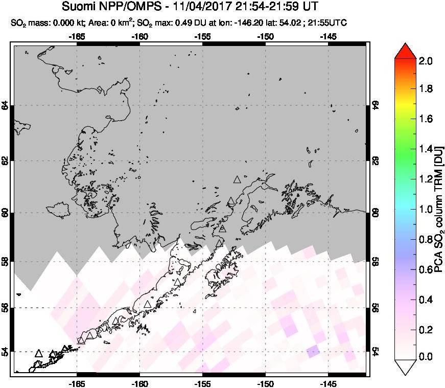 A sulfur dioxide image over Alaska, USA on Nov 04, 2017.