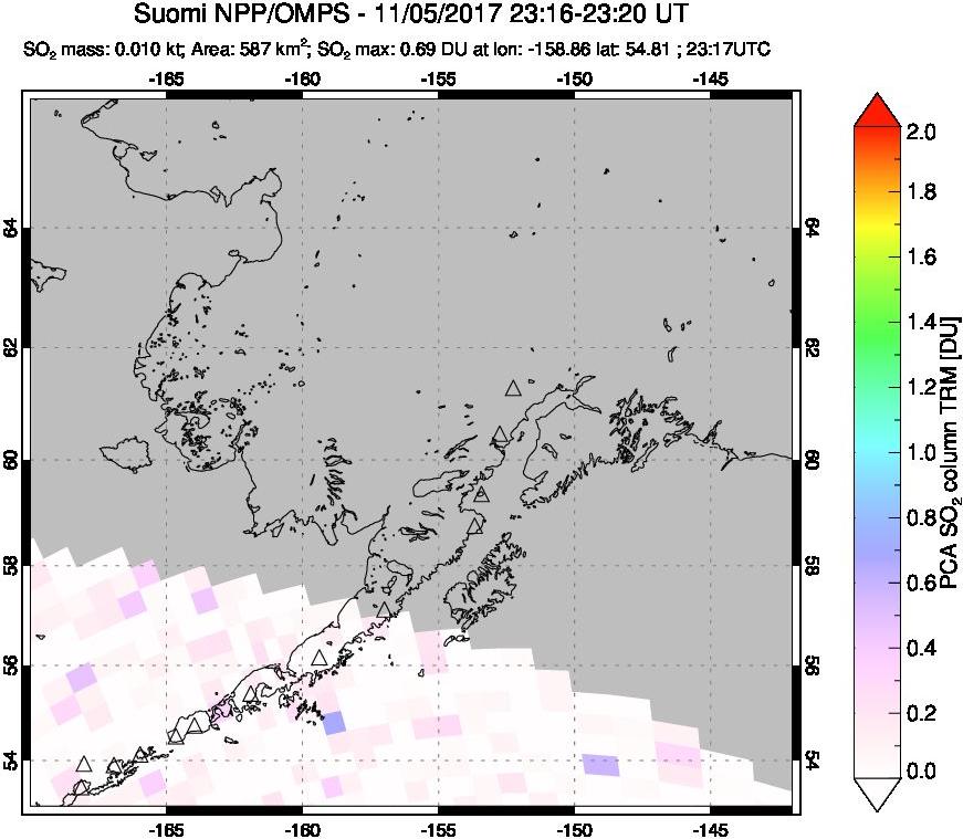 A sulfur dioxide image over Alaska, USA on Nov 05, 2017.