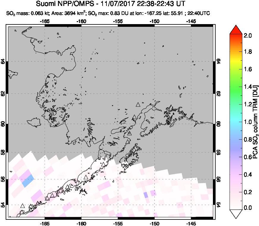 A sulfur dioxide image over Alaska, USA on Nov 07, 2017.