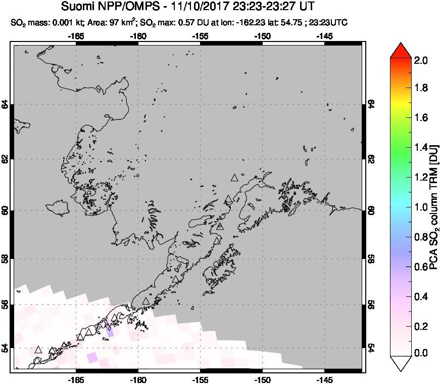 A sulfur dioxide image over Alaska, USA on Nov 10, 2017.