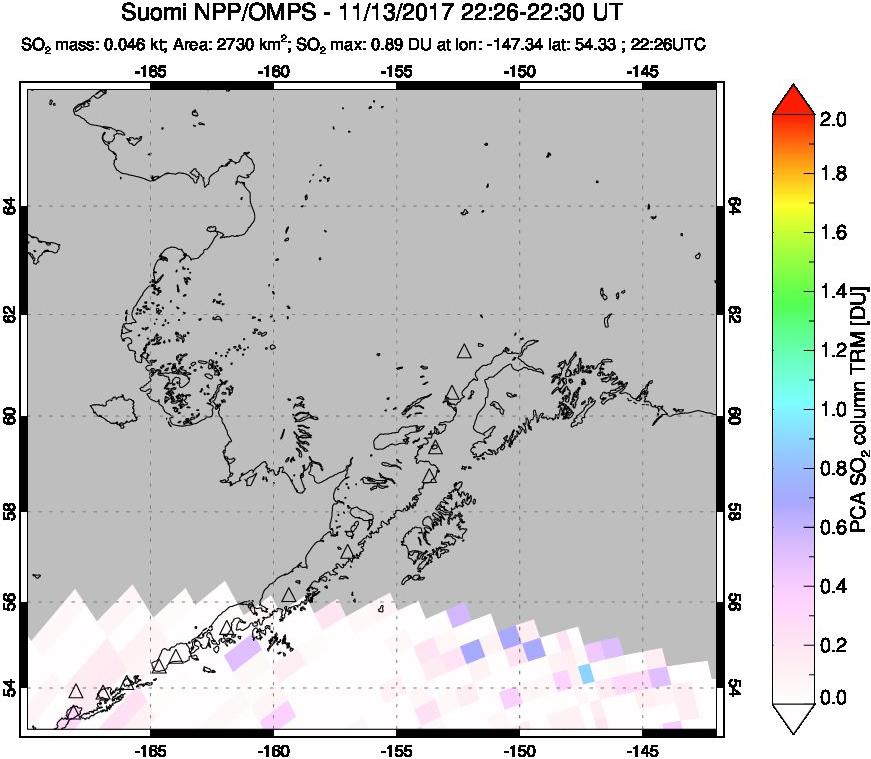 A sulfur dioxide image over Alaska, USA on Nov 13, 2017.
