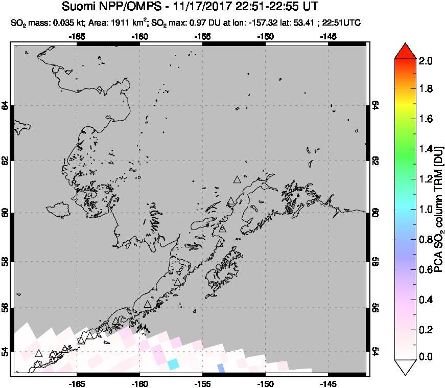 A sulfur dioxide image over Alaska, USA on Nov 17, 2017.